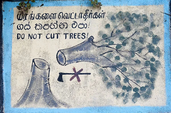 Environmental protection, painted sign, Do not cut trees depicting a felled tree and a crossed-out axe, Nuwara Eliya, Sri Lanka