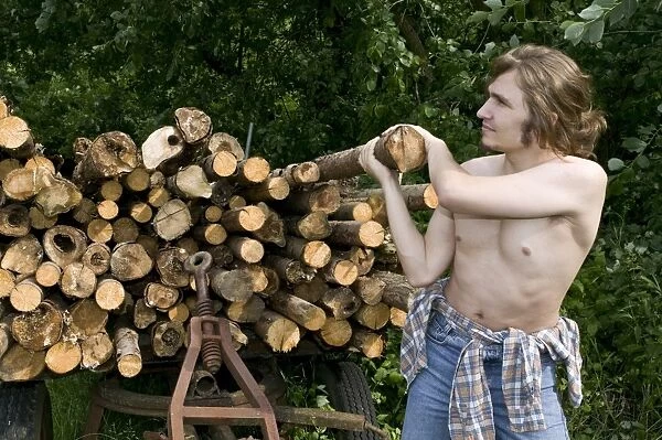 Farmer lifting a log