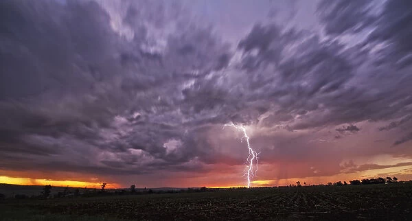 A Fast Moving African Thunderstorm with a Forked Lightning Strike at Sunset, Magaliesburg, Gauteng Province, South Africa