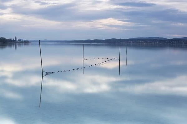 Fishing net in Lake Constance, evening mood, Reichenau Island, Lake Constance, Baden-Wurttemberg, Germany