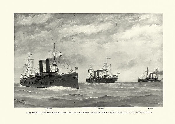 Fleet of US Navy warships, late 19th Century, Chicago, Newark, Atlanta
