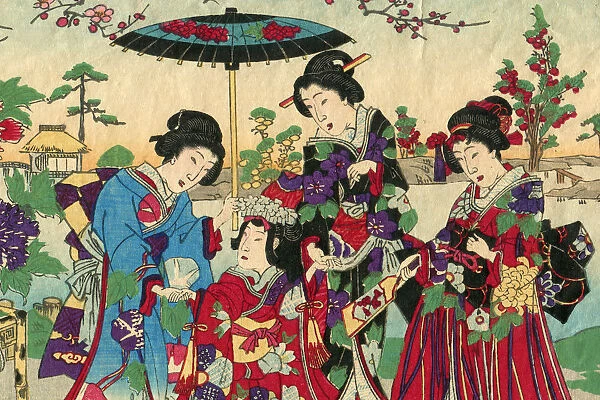 Geishas with princess and court ladies woodcut 1880