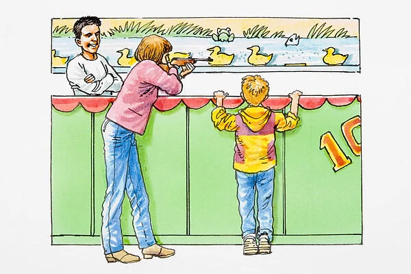Girl at funfair stall shooting at ducks, boy and man watching