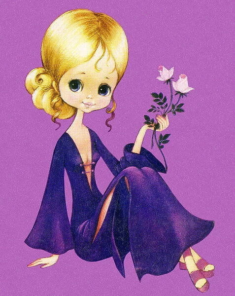 Girl in a Purple Dress Holding Pink Flowers