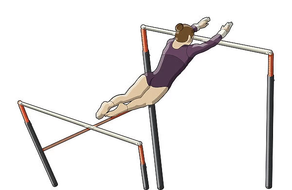 Gymnast high-flying between uneven bars