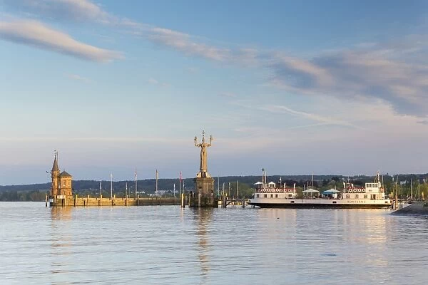 Harbour entrance of Konstanz with the statue of Imperia and the historic ferry Konstanz, Konstanz, Baden-Wurttemberg, Germany