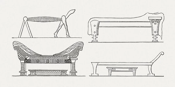 Historic beds from antiquity, wood engravings, published in 1897