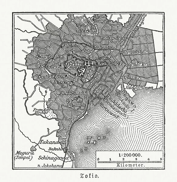 Historical city map of Tokyo, Japan, woodcut, published 1897