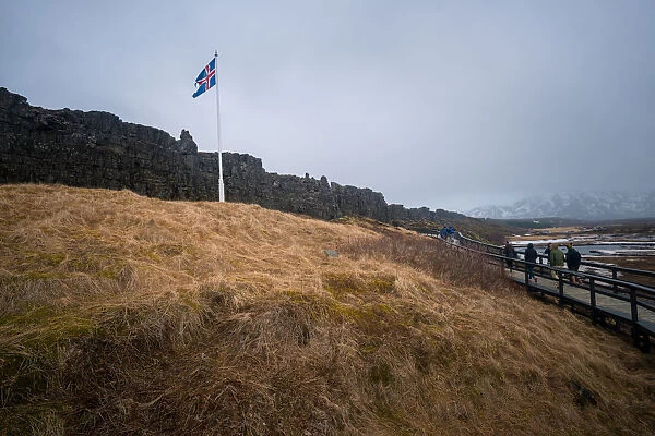 Iceland flag in Thingvellir National Park of Iceland