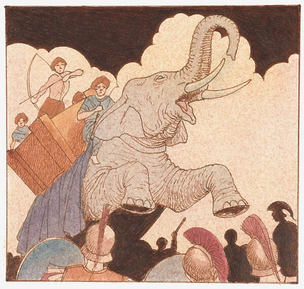Illustration of Alexander the Great battles in india as his armys horses were frightened by kings war elephants