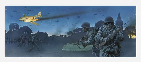 Illustration of American soldiers in fields at night on D Day and parachuting from aeroplane hit by enemy fire
