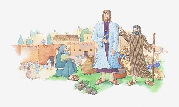 Illustration of a bible scene, 1 Samuel 8, Samuel presents Saul as the new King