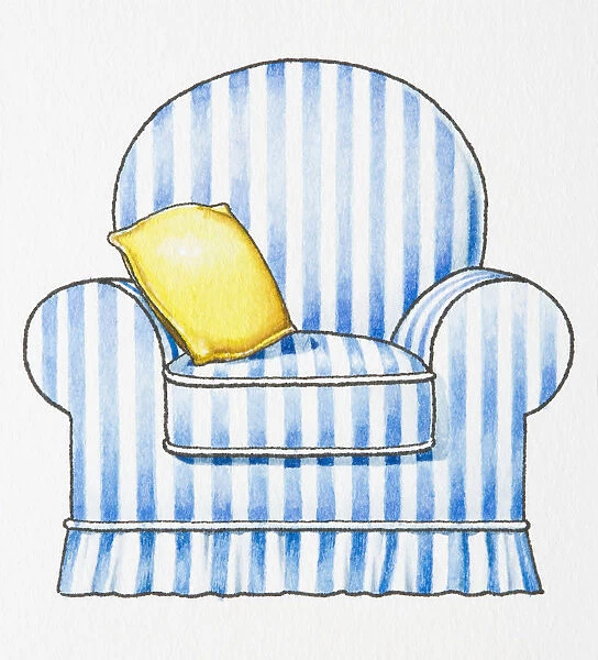 Illustration of blue and white striped armchair and yellow cushion