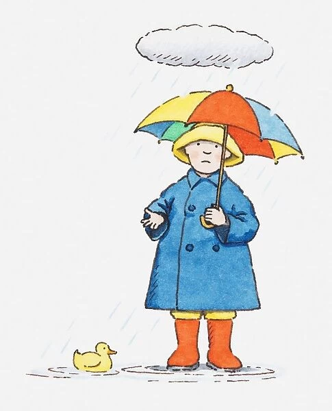 Illustration of a child in rain gear below a cloud, a rubber duck sits in a puddle nearby