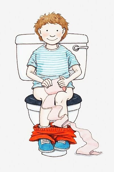 Illustration of child sitting on toilet holding roll of toilet paper