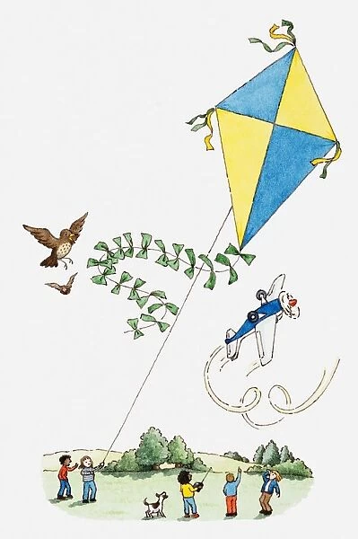 Illustration of children flying kite and a remote-controlled plane