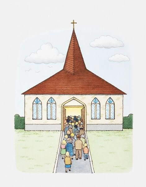 Illustration of congregation flocking into church