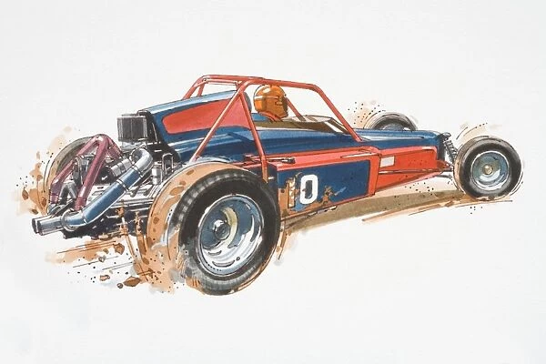 Illustration, Desert Racer being driven over sandy ground, single-seater buggy with red roll-cage, side view
