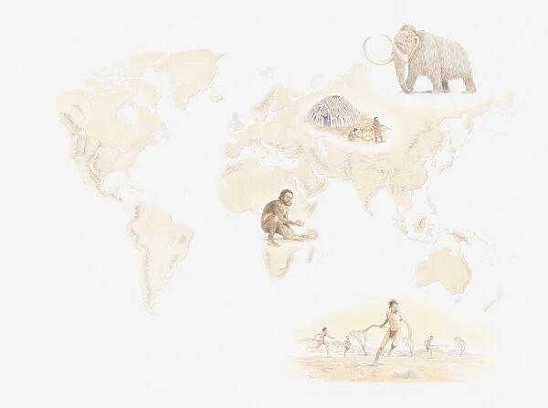 Illustration of distribution early human hunter-gatherers across the world from Mezherich in Ukraine, Mammoth, Lake Mungo settlement in Australia, and Olduvai Gorge, Tanzania
