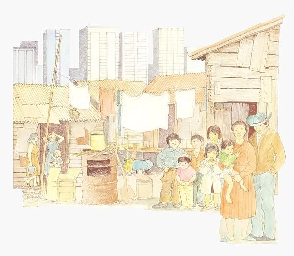 Illustration of family in Brazilian favela