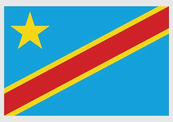 Illustration of flag of the Democratic Republic of the Congo, with five-pointed star and yellow-lined band running diagonally across centre of sky blue field