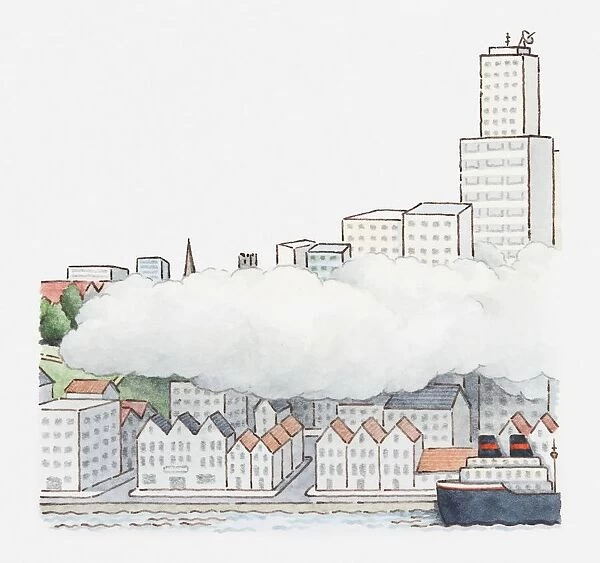 Illustration of fog hanging over city skyline