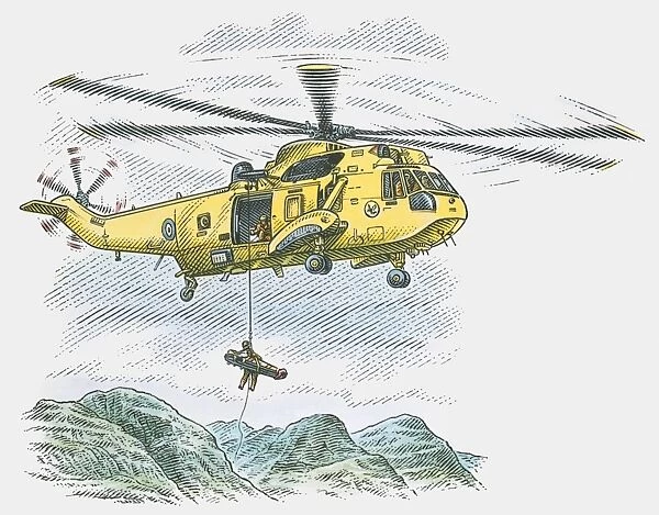 Illustration of helicopter rescuing injured man from mountain