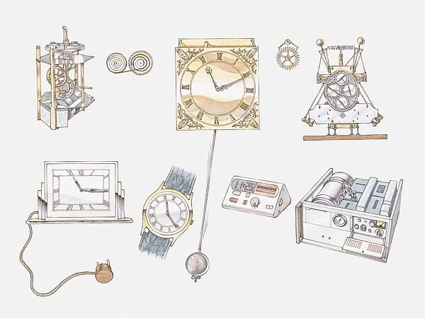 Illustration of Huygens 1675 balance spring, pendulum clock, wrist watch, 1948 atomic clock and digital alarm clock