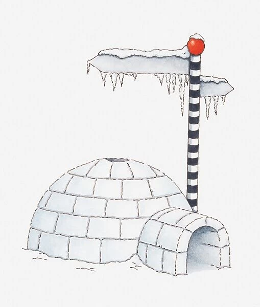 Illustration of igloo and a direction sign