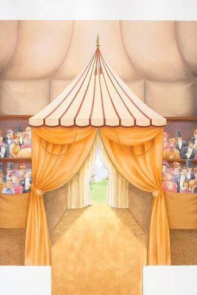 Illustration, interior view of curtained entrance to circus tent, audience sitting on both sides dressed in Victorian fashion, clown standing outside peering in behind curtain