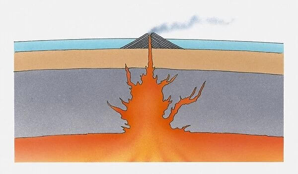 Illustration of lava moving up below island volcano