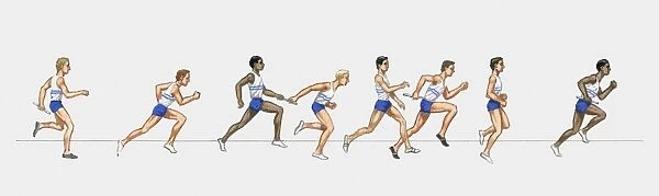 Illustration of male athletes competing in relay race