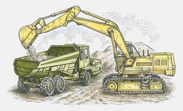 Illustration of mechanical digger loading rubble in dumper truck