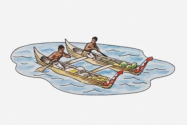 Illustration of two men in canoes loaded with tropical fruit