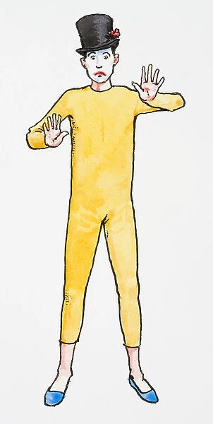 Illustration of mime artist with sad, white face, wearing yellow leotard, blue shoes and top hat