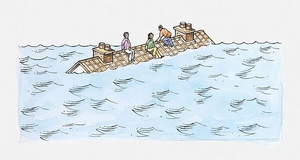 Illustration of people sitting on roof of house submerged in water caused by flood