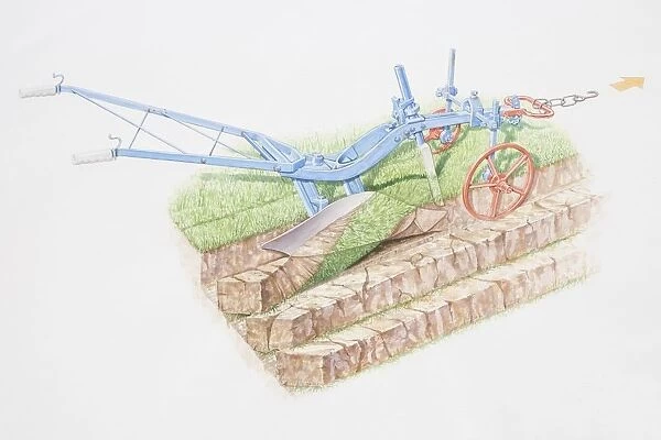 Illustration, plough turning over soil and creating furrows
