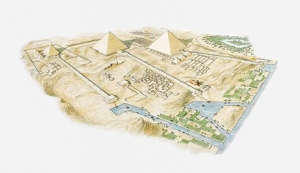 Illustration of Pyramids of Giza, aerial view