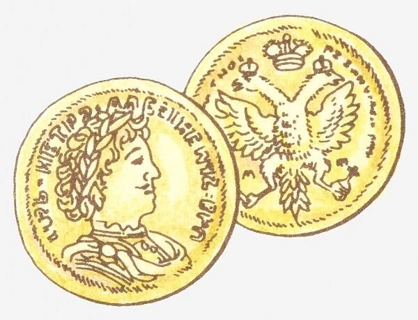 Illustration of Russian Imperial coin showing Russian Imperial coat of arms and on the obverse Peter the Great