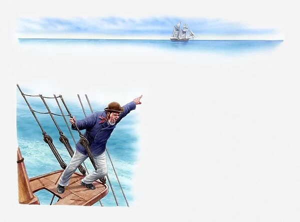 Illustration of sailor on the Ellen Austin leaning out over side of lookout post and pointing out at ghost ship in distance
