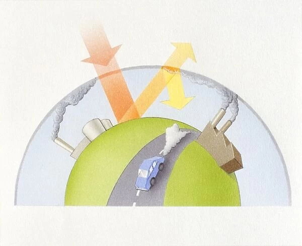 Illustration showing how industrial pollution and car fumes contribute to global warming