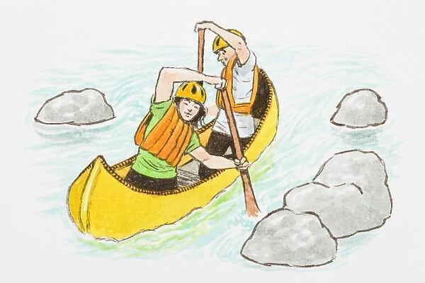 Illustration of teenagers wearing hardhats paddling yellow canoe between rocks on river