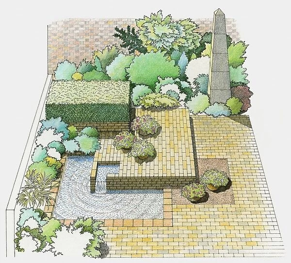 Illustration of a walled, paved patio garden with pond and sculptural feature