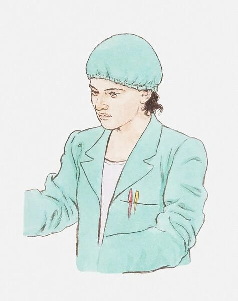 Illustration of woman wearing laboratory coat and cap