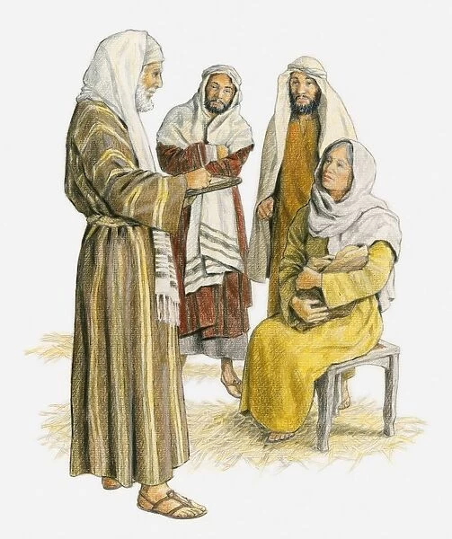 Illustration of Zechariah standing in front of a seated Elizabeth who is holding her baby, and writing on tablet because he is still unable to speak