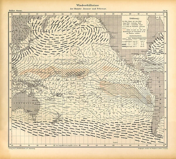 January and February Wind Patterns and Conditions Chart, Pacific Ocean, German Antique Victorian Engraving, 1896