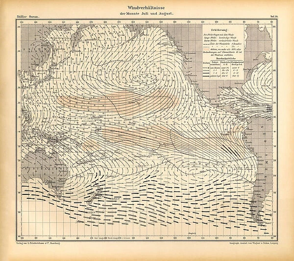 July and August Wind Patterns and Conditions Chart, Pacific Ocean, German Antique Victorian Engraving, 1896