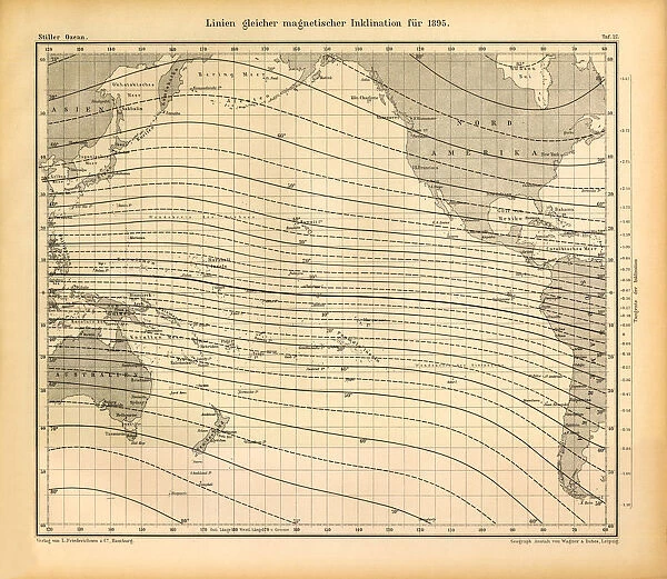 Lines of Equal Magnetic Inclination in 1895 Chart, Pacific Ocean, German Antique Victorian Engraving, 1896