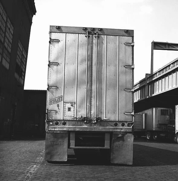 Lorry parked, (rear view), (B&W)
