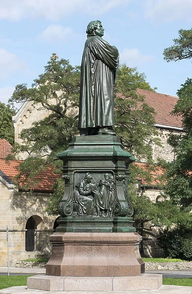Luther Memorial, west side, relief of the young Luther, bronze, 1895, sculptor Adolf von Donndorf, renovated state in 2014, Eisenach, Thuringia, Germany